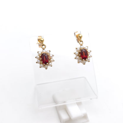 9ct Yellow Gold Vintage Oval Cut Garnet And Pearl Cluster Drop Earrings