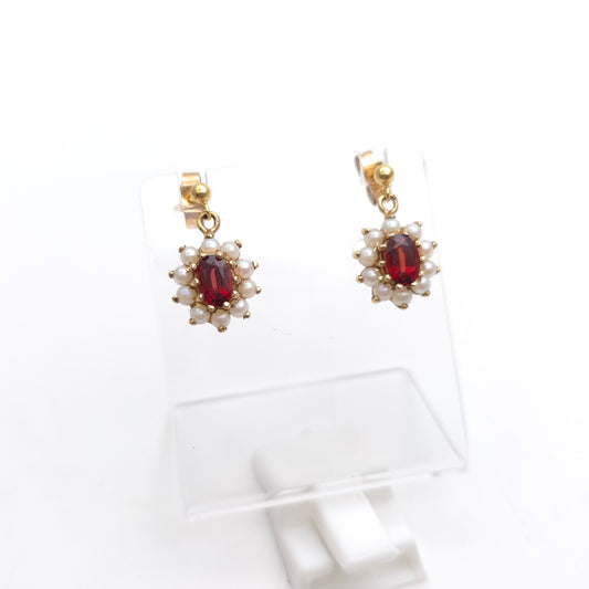9ct Yellow Gold Vintage Oval Cut Garnet And Pearl Cluster Drop Earrings