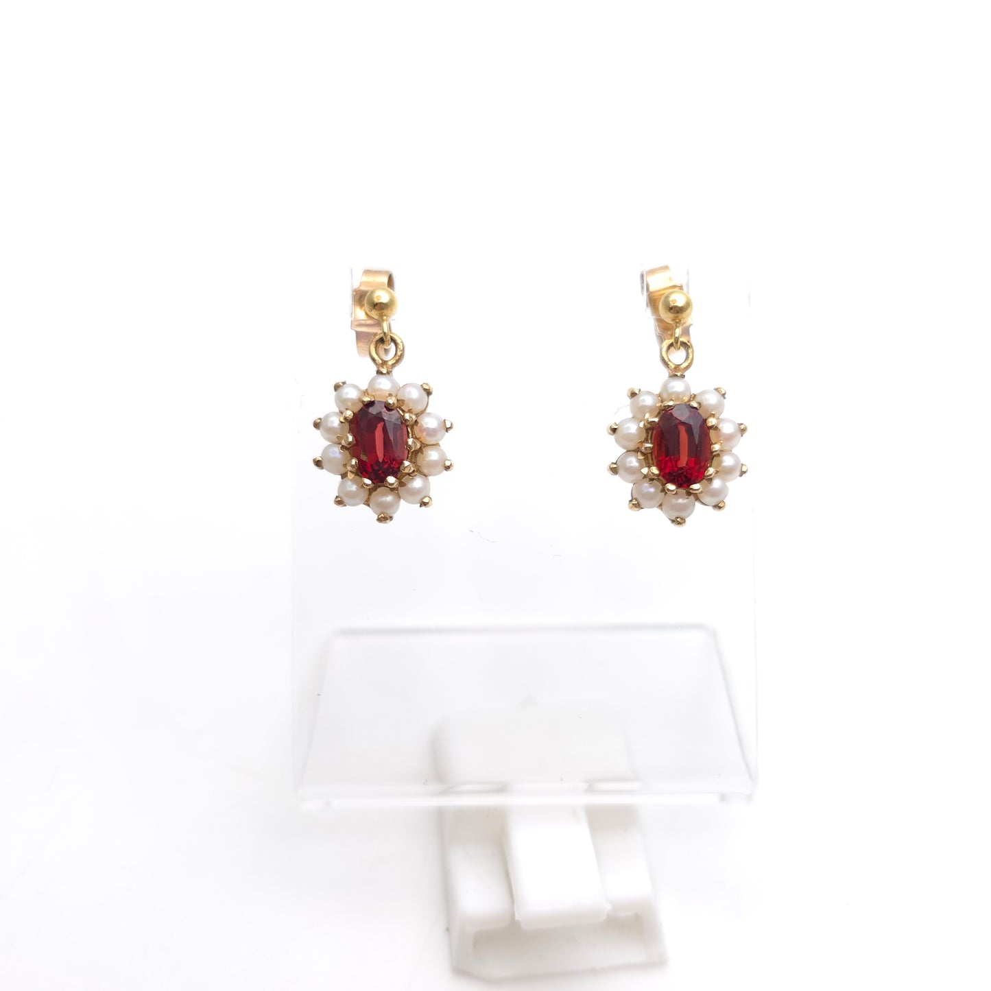 9ct Yellow Gold Vintage Oval Cut Garnet And Pearl Cluster Drop Earrings