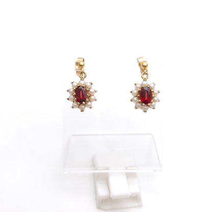 9ct Yellow Gold Vintage Oval Cut Garnet And Pearl Cluster Drop Earrings