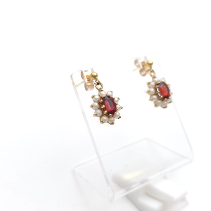 9ct Yellow Gold Vintage Oval Cut Garnet And Pearl Cluster Drop Earrings