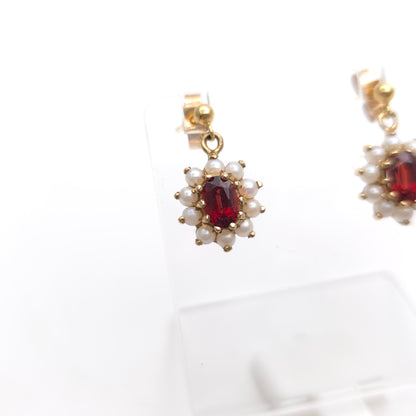 9ct Yellow Gold Vintage Oval Cut Garnet And Pearl Cluster Drop Earrings