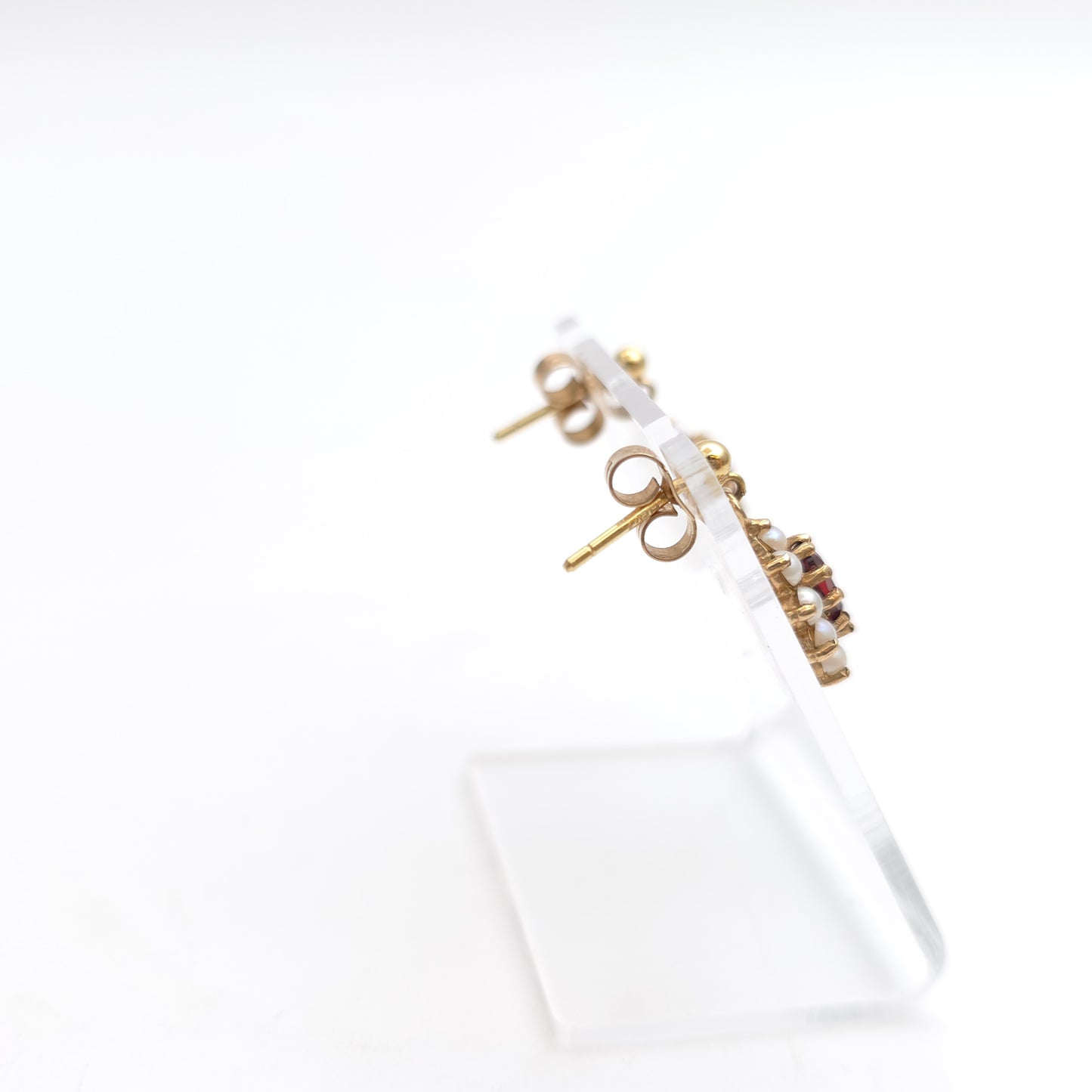 9ct Yellow Gold Vintage Oval Cut Garnet And Pearl Cluster Drop Earrings