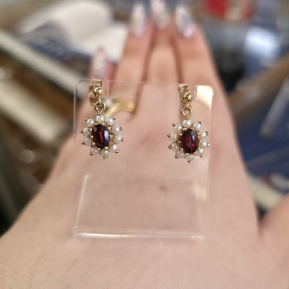 9ct Yellow Gold Vintage Oval Cut Garnet And Pearl Cluster Drop Earrings
