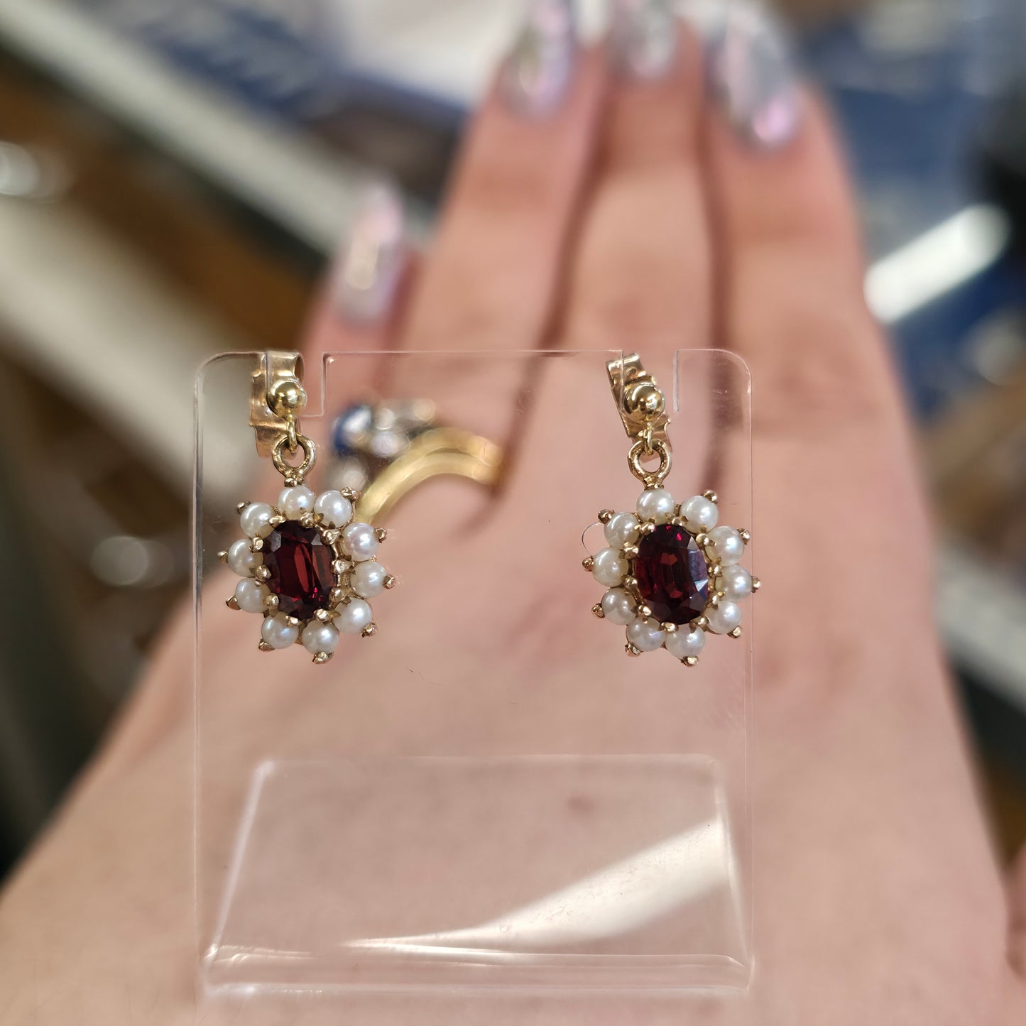 9ct Yellow Gold Vintage Oval Cut Garnet And Pearl Cluster Drop Earrings