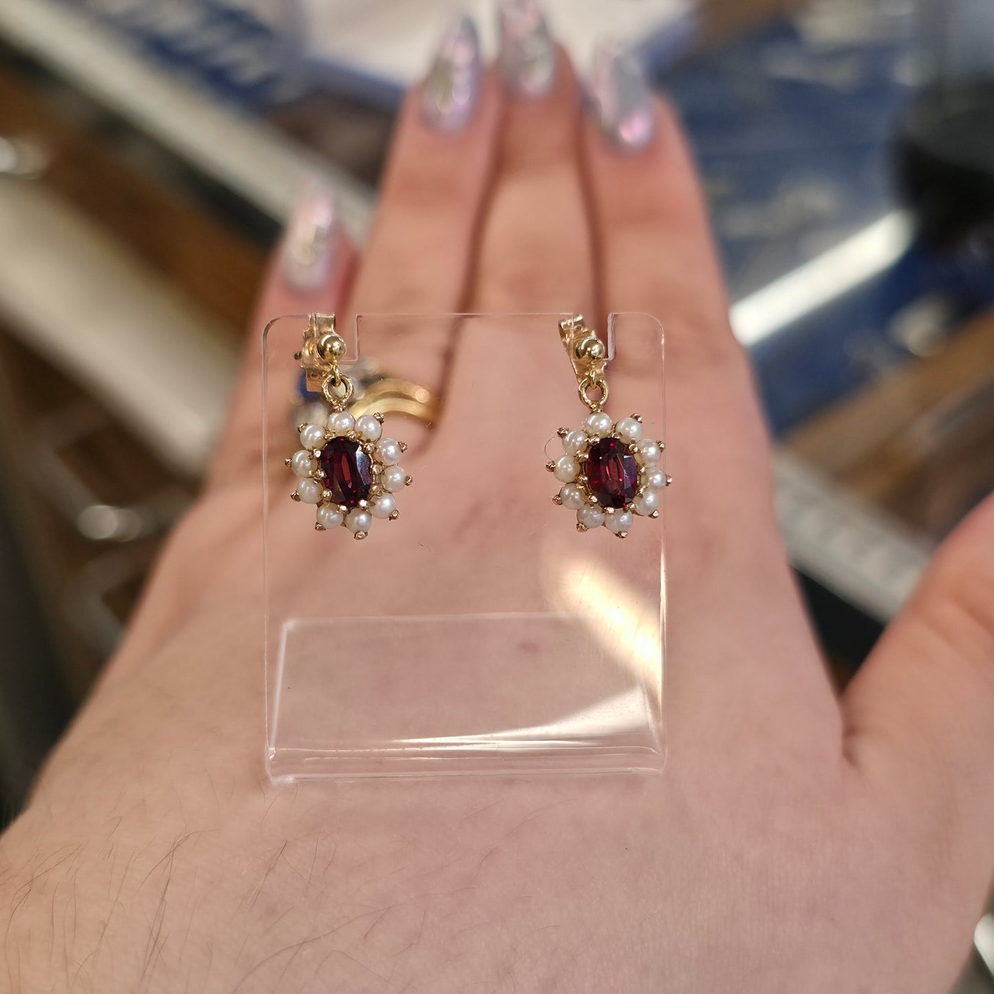 9ct Yellow Gold Vintage Oval Cut Garnet And Pearl Cluster Drop Earrings