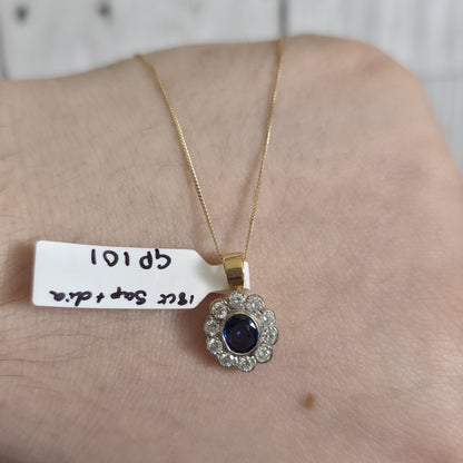 18ct Yellow And White Gold Blue Sapphire + Diamond Oval Cluster Pendant Piece