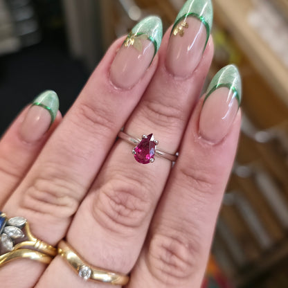 9ct White Gold Simple Pear Cut Pink Tourmaline Solitaire Ring