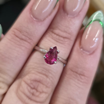 9ct White Gold Simple Pear Cut Pink Tourmaline Solitaire Ring