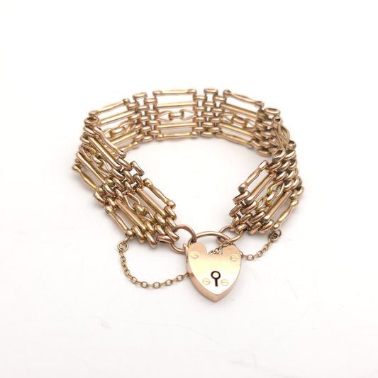9ct Rose Gold Antique 1908 Wide Gate Style Bracelet With Heart Padlock Clasp