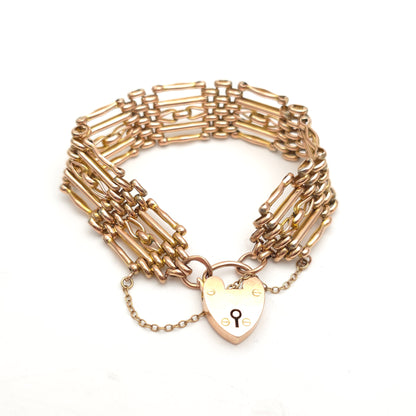 9ct Rose Gold Antique 1908 Wide Gate Style Bracelet With Heart Padlock Clasp