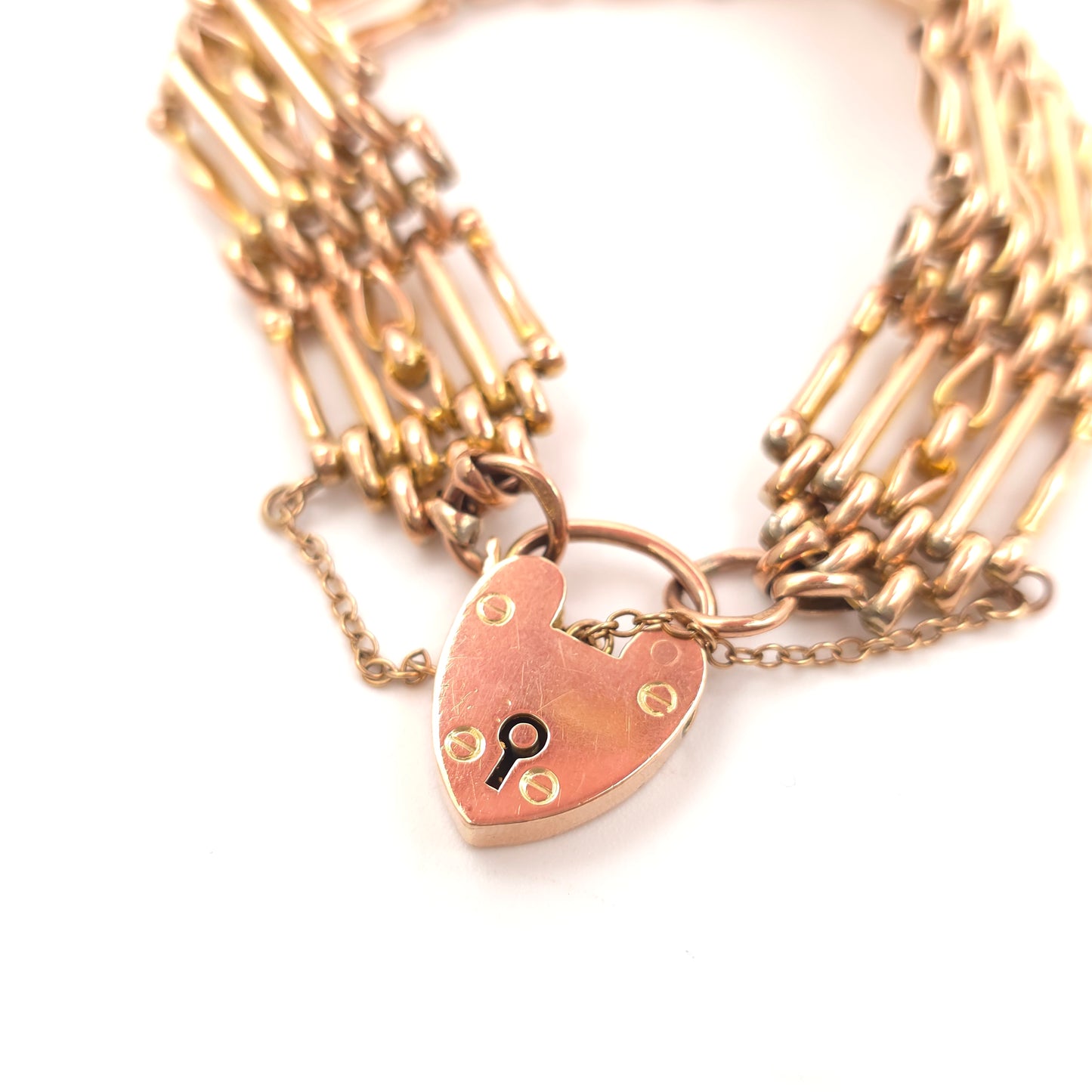 9ct Rose Gold Antique 1908 Wide Gate Style Bracelet With Heart Padlock Clasp