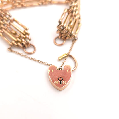 9ct Rose Gold Antique 1908 Wide Gate Style Bracelet With Heart Padlock Clasp