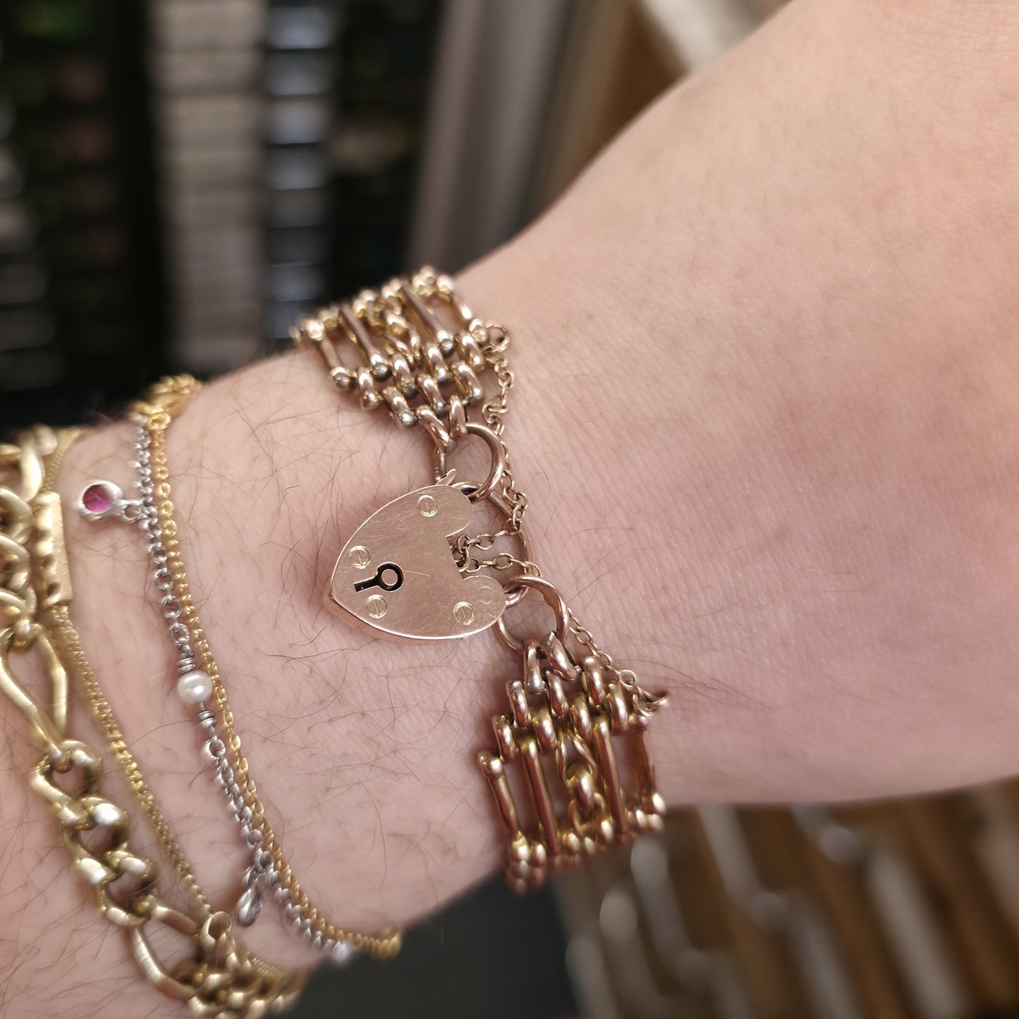 9ct Rose Gold Antique 1908 Wide Gate Style Bracelet With Heart Padlock Clasp