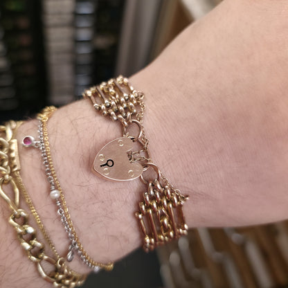 9ct Rose Gold Antique 1908 Wide Gate Style Bracelet With Heart Padlock Clasp