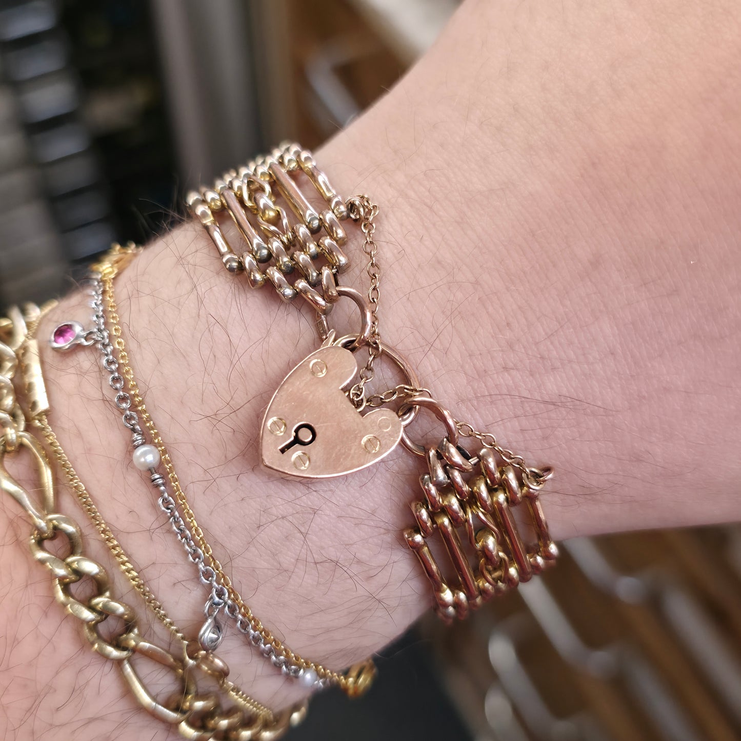 9ct Rose Gold Antique 1908 Wide Gate Style Bracelet With Heart Padlock Clasp