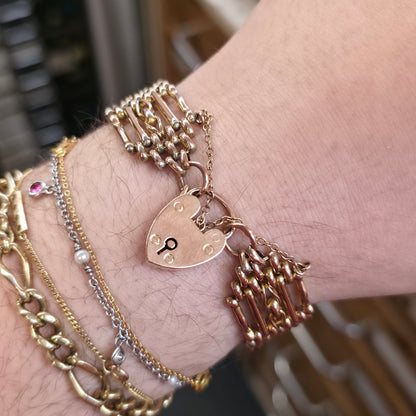 9ct Rose Gold Antique 1908 Wide Gate Style Bracelet With Heart Padlock Clasp