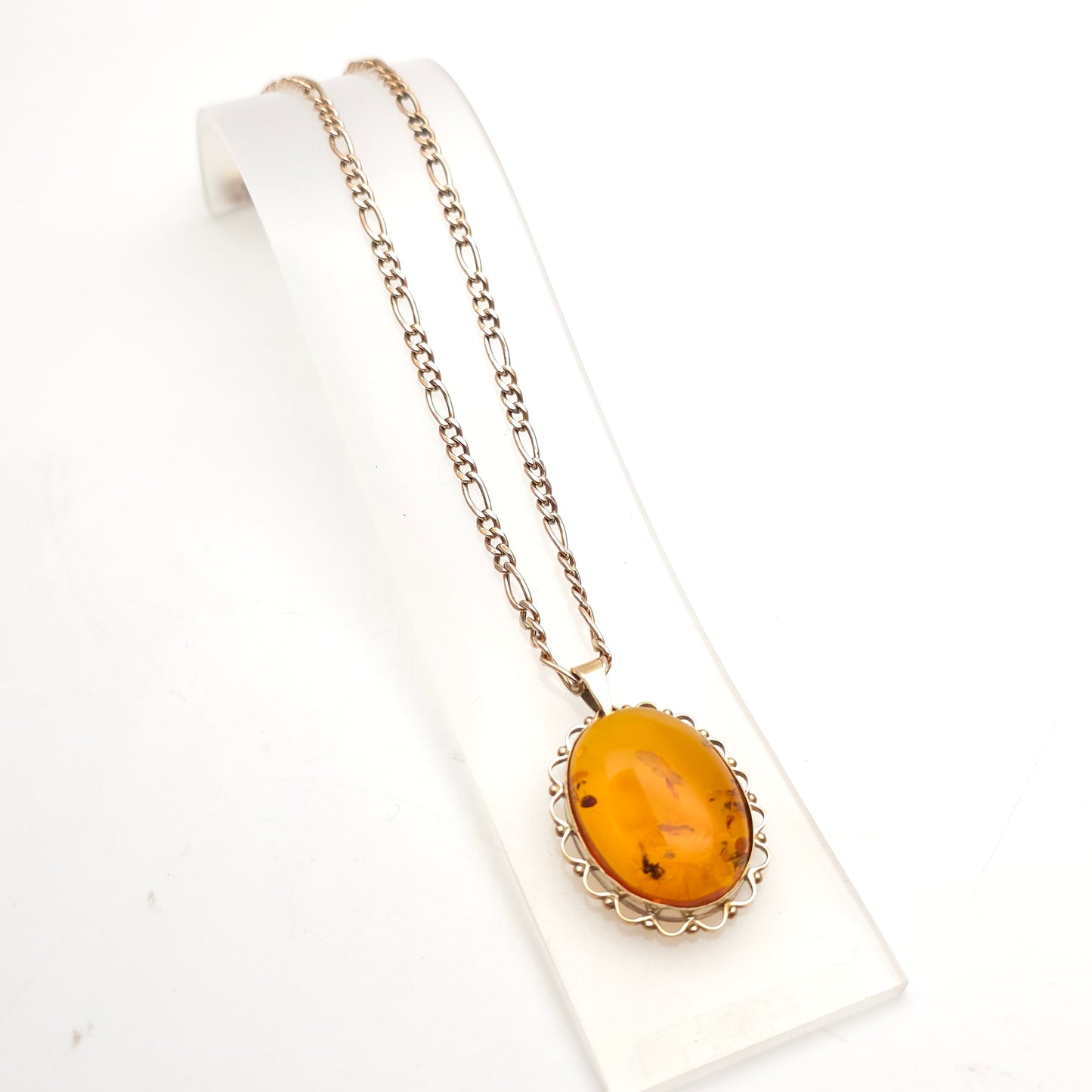 9ct Yellow Gold Vintage Large Amber Cabochon Pendant & Filigree Chain Necklace