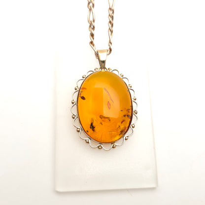 9ct Yellow Gold Vintage Large Amber Cabochon Pendant & Filigree Chain Necklace