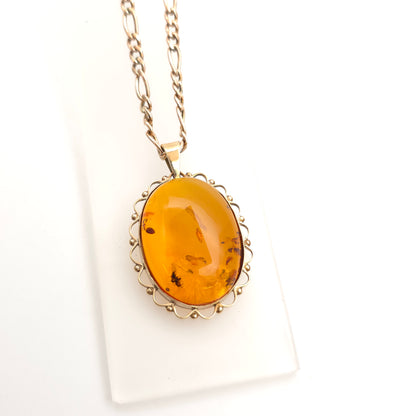 9ct Yellow Gold Vintage Large Amber Cabochon Pendant & Filigree Chain Necklace