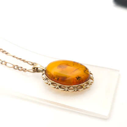 9ct Yellow Gold Vintage Large Amber Cabochon Pendant & Filigree Chain Necklace
