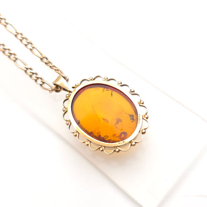 9ct Yellow Gold Vintage Large Amber Cabochon Pendant & Filigree Chain Necklace