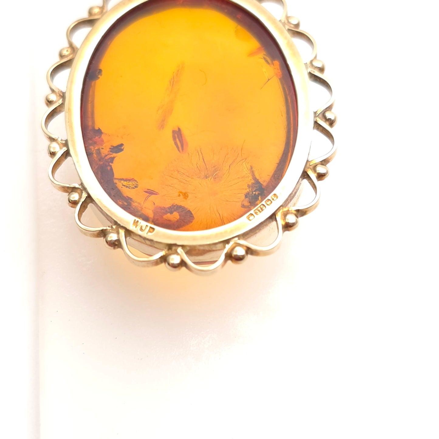 9ct Yellow Gold Vintage Large Amber Cabochon Pendant & Filigree Chain Necklace