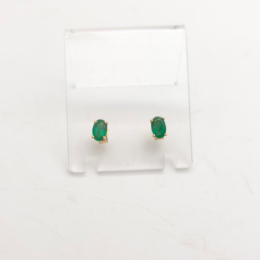9ct Yellow Gold Vintage Oval Cut Emerald Solitaire Stud Earrings
