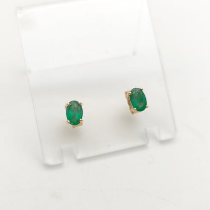 9ct Yellow Gold Vintage Oval Cut Emerald Solitaire Stud Earrings