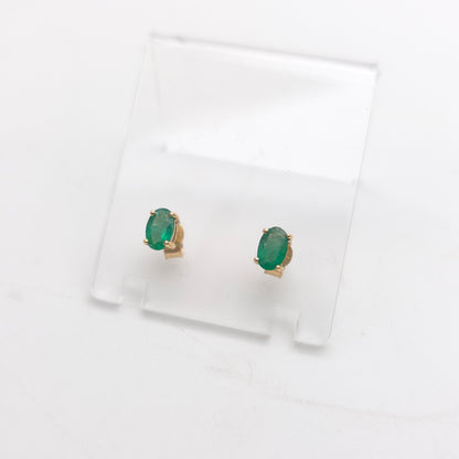 9ct Yellow Gold Vintage Oval Cut Emerald Solitaire Stud Earrings