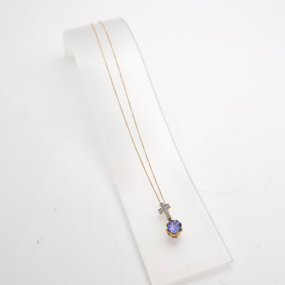 18ct Yellow Gold Unique Round Cut Tanzanite And Diamond Cross Pendant Necklace