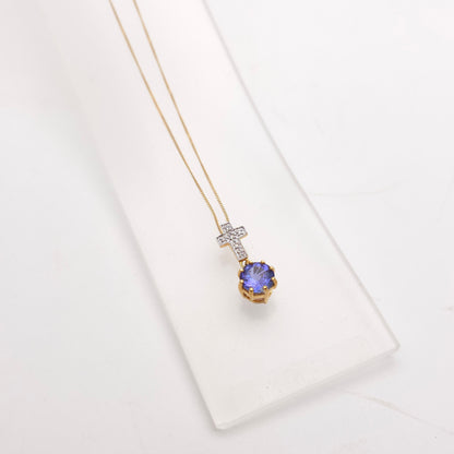18ct Yellow Gold Unique Round Cut Tanzanite And Diamond Cross Pendant Necklace