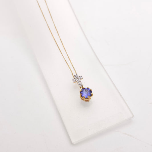 18ct Yellow Gold Unique Round Cut Tanzanite And Diamond Cross Pendant Necklace