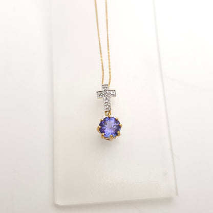 18ct Yellow Gold Unique Round Cut Tanzanite And Diamond Cross Pendant Necklace