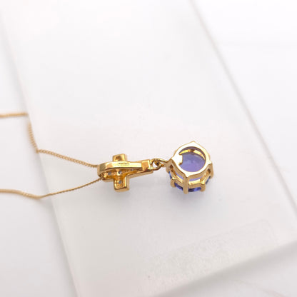 18ct Yellow Gold Unique Round Cut Tanzanite And Diamond Cross Pendant Necklace