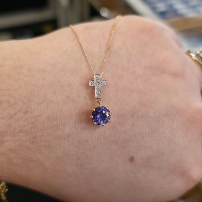 18ct Yellow Gold Unique Round Cut Tanzanite And Diamond Cross Pendant Necklace