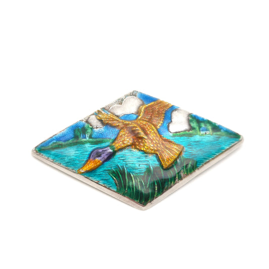 Sterling Silver Antique Arts & Crafts Enamel Flying Duck Over Water Brooch 1946