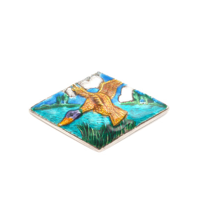 Sterling Silver Antique Arts & Crafts Enamel Flying Duck Over Water Brooch 1946