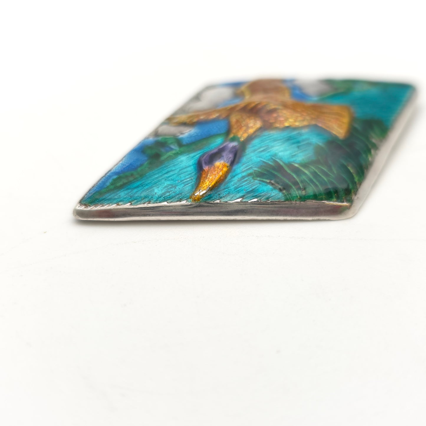 Sterling Silver Antique Arts & Crafts Enamel Flying Duck Over Water Brooch 1946