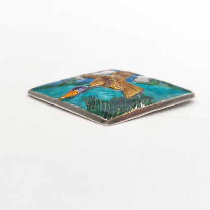 Sterling Silver Antique Arts & Crafts Enamel Flying Duck Over Water Brooch 1946