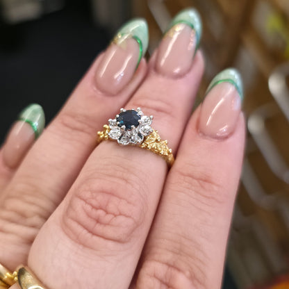 18ct Yellow Gold Sapphire And Diamond Vintage Flower Cluster Ring