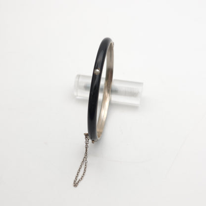 Sterling Silver Antique Pearl Set Black Enamel Mourning Style Hinged Bangle