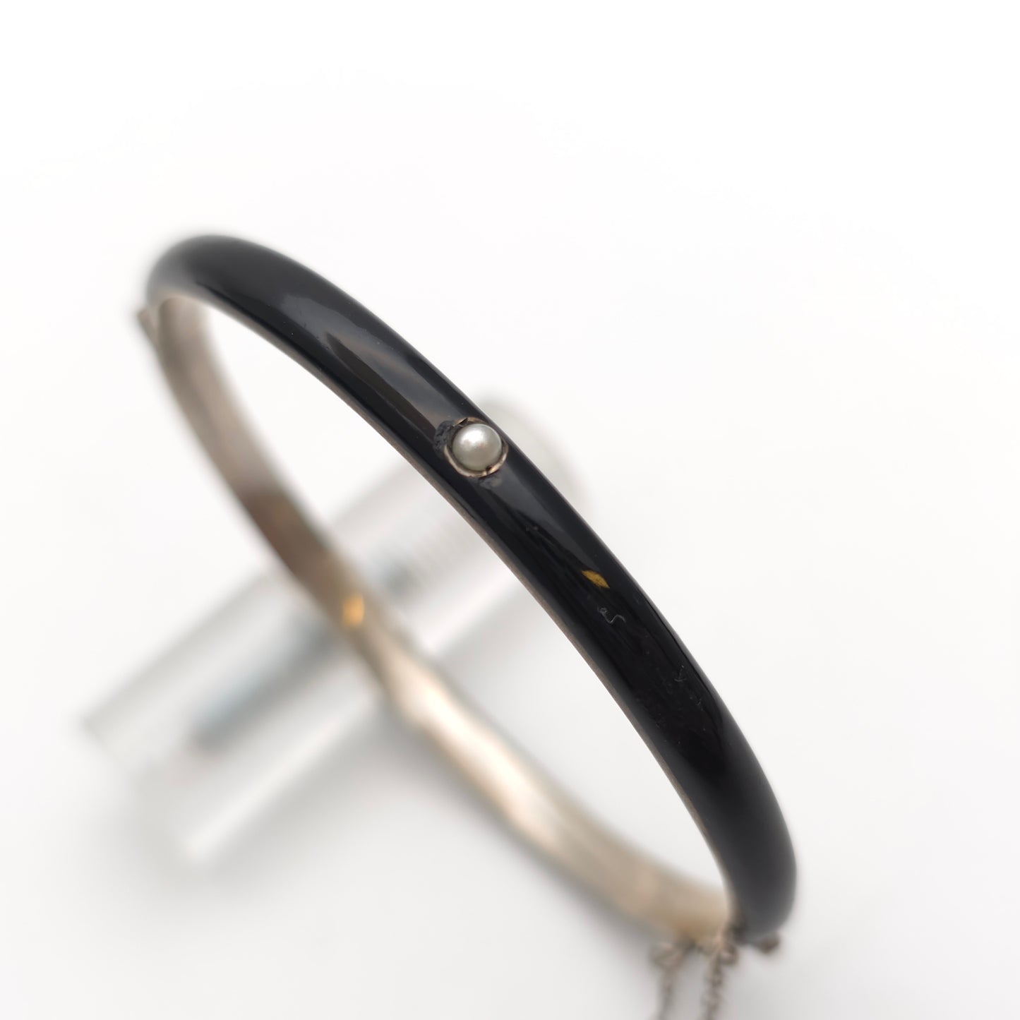Sterling Silver Antique Pearl Set Black Enamel Mourning Style Hinged Bangle