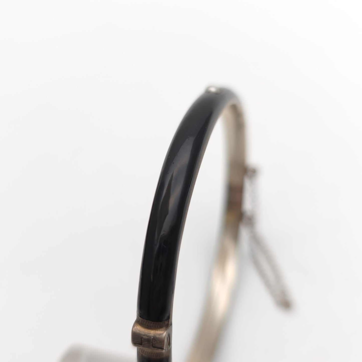 Sterling Silver Antique Pearl Set Black Enamel Mourning Style Hinged Bangle