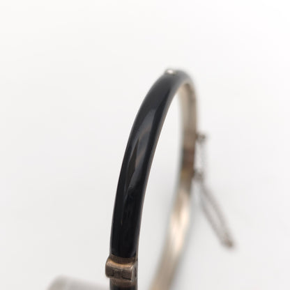 Sterling Silver Antique Pearl Set Black Enamel Mourning Style Hinged Bangle