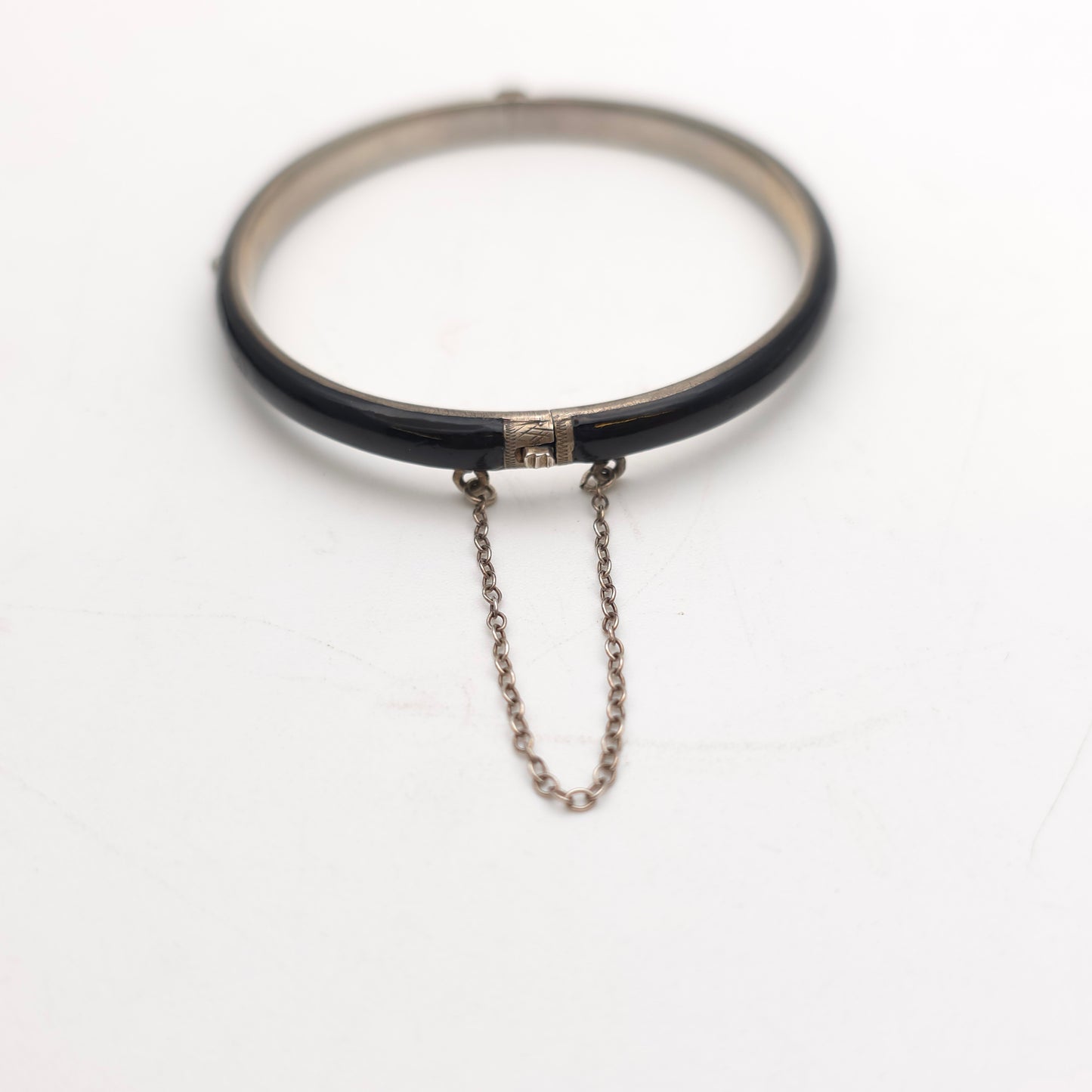 Sterling Silver Antique Pearl Set Black Enamel Mourning Style Hinged Bangle