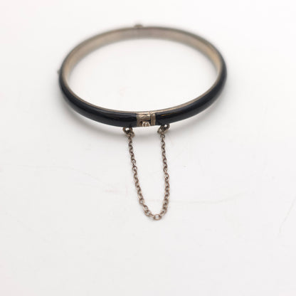 Sterling Silver Antique Pearl Set Black Enamel Mourning Style Hinged Bangle