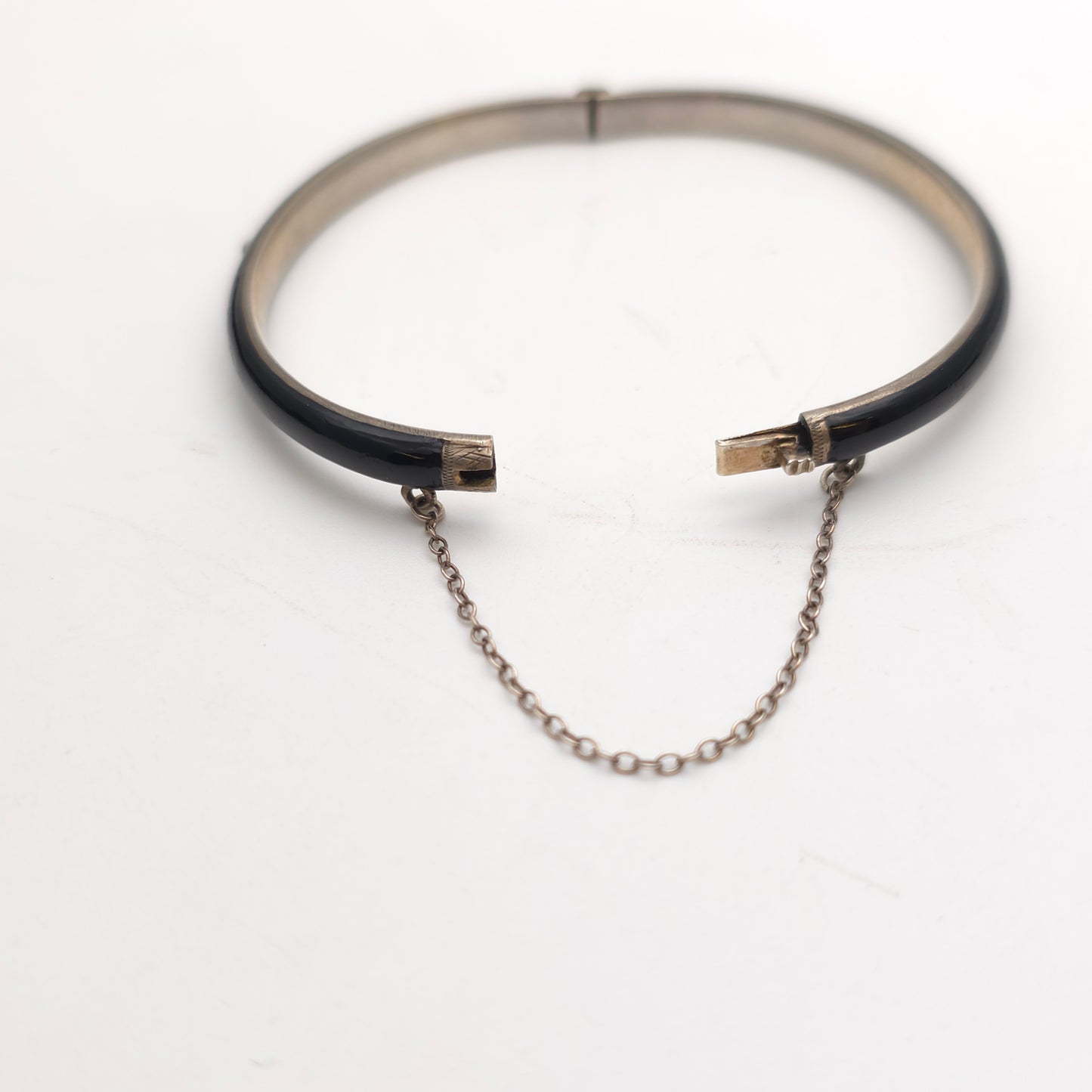 Sterling Silver Antique Pearl Set Black Enamel Mourning Style Hinged Bangle