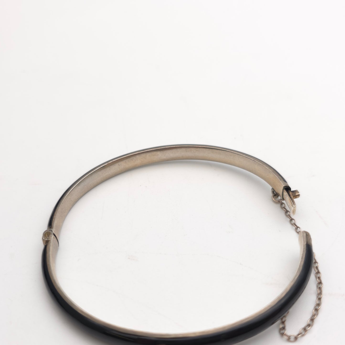 Sterling Silver Antique Pearl Set Black Enamel Mourning Style Hinged Bangle