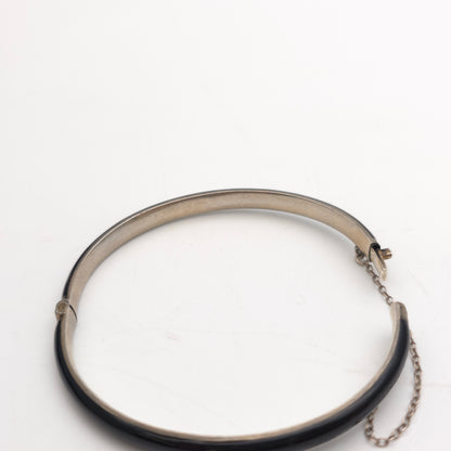 Sterling Silver Antique Pearl Set Black Enamel Mourning Style Hinged Bangle